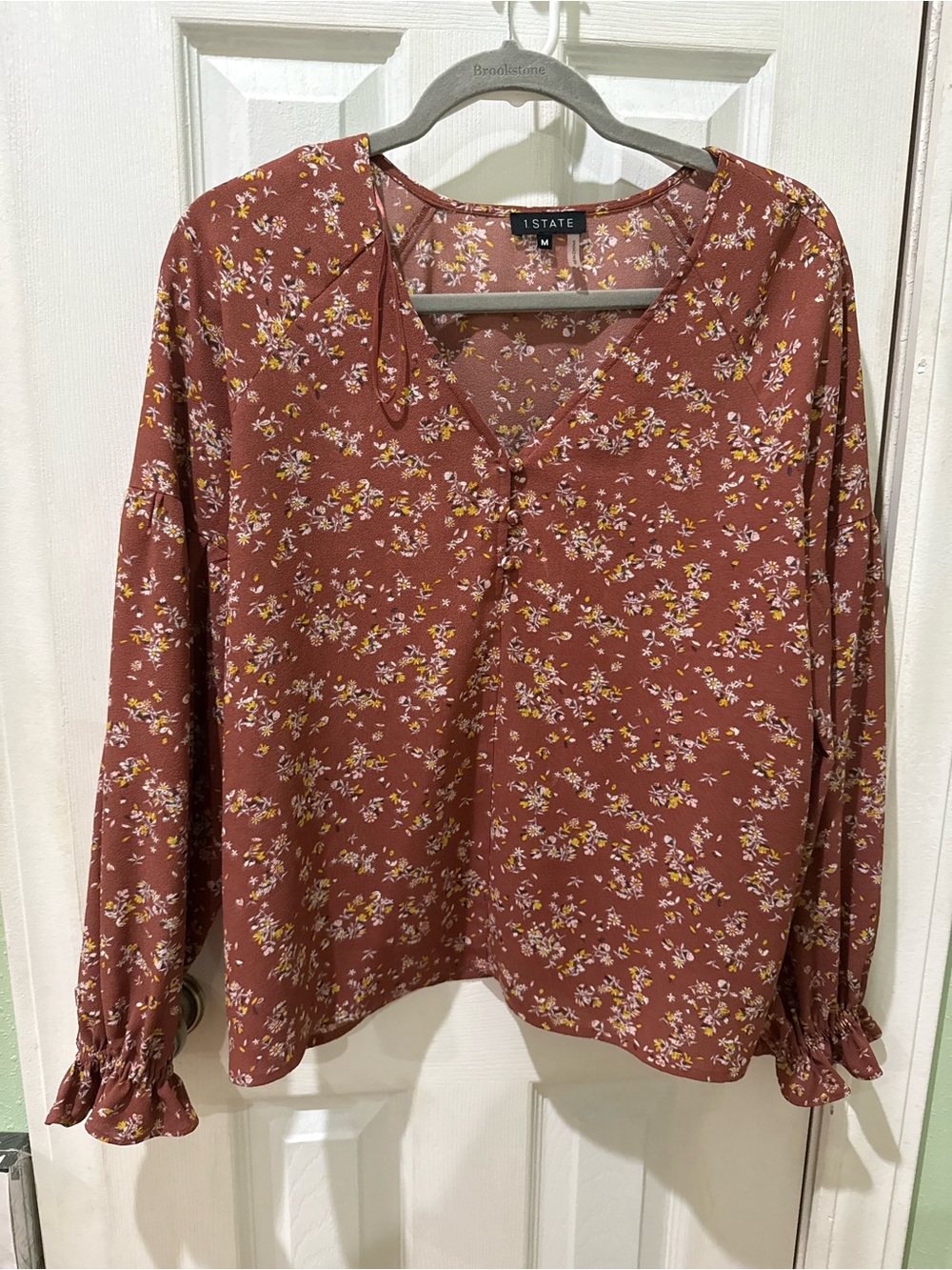 1. State Rust Floral Button-Front Peasant Blouse